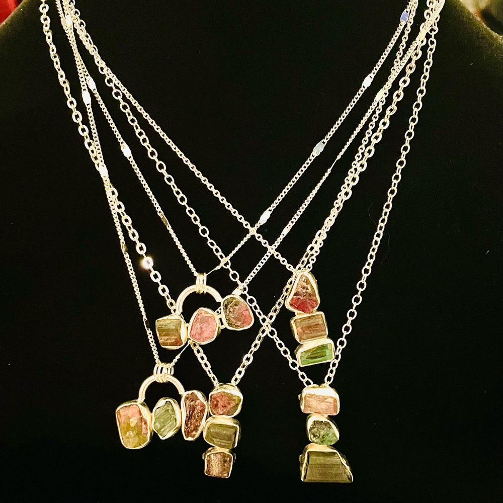Multicoloured tourmaline Raw silver pendants